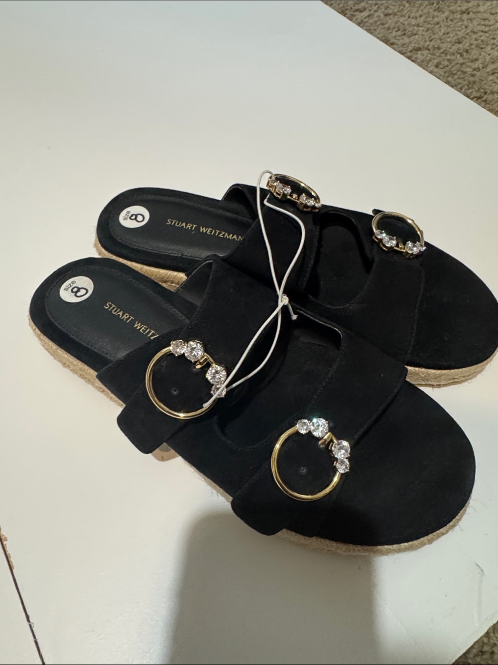 Stuart Weitzman Black Suede crystal Espadrille sandals size 8